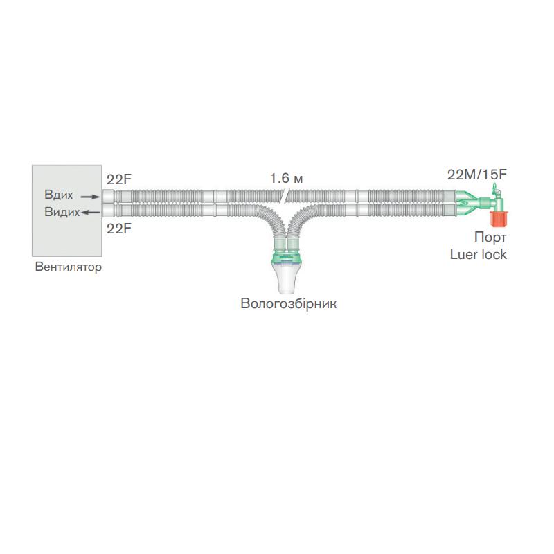 Анестезіологічна дихальна система, 1,6 м (m), кутовий з`єднувач Luer, вологозбірник
